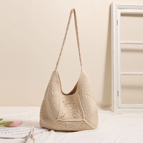 Borsa A Spalla In Cotone Intrecciato All'uncinetto Da Donna Fiori Traforati Grande Capacità Vacanza Al Mare Stile Boemo Borsa A Mano
