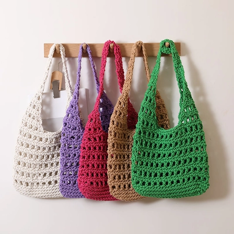 Handmade Crochet Woven Tote Bag Cotton Thread Hollow Grid Large Capacity Beach Vacation Casual Shoulder Bag For Women
