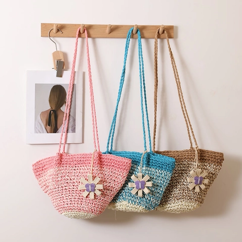 Damen Farbverlauf Papierstroh Gewebte Umhängetasche Mit Blumenanhänger Magnetverschluss Strand Urlaub Stil Handgestrickt