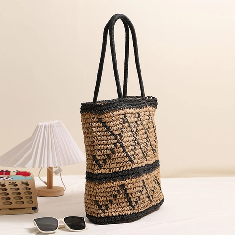 Retro Rhombus Stroh Gewebte Tasche Sommer Strand Urlaub Große Kapazität Schulter Handtasche Mit Reißverschluss Für Damen