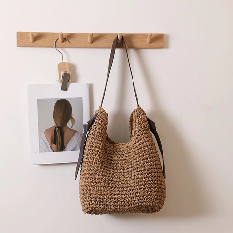 Borsa A Tracolla In Paglia Intrecciata Grande Capacità Con Fiocco Decorativo Chiusura Magnetica Donna Estate