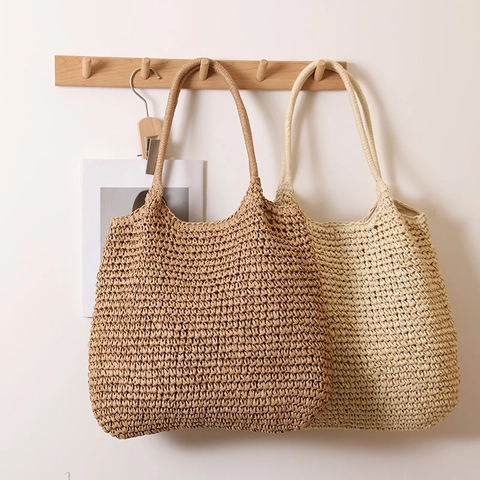 Bolso Tote De Paja Tejida Para Mujer De Cuerda De Papel Bolso De Hombro Estilo Playa Vacaciones Cierre Magnético