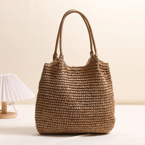 Bolso Tote De Paja Tejida Para Mujer De Cuerda De Papel Bolso De Hombro Estilo Playa Vacaciones Cierre Magnético