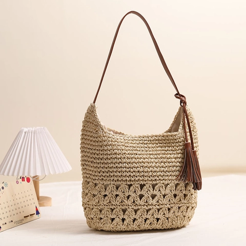 Bolso De Hombro De Paja Tejido Calado Borla Corazón Bohemio Vacaciones Playa Viaje Verano Casual Mujeres