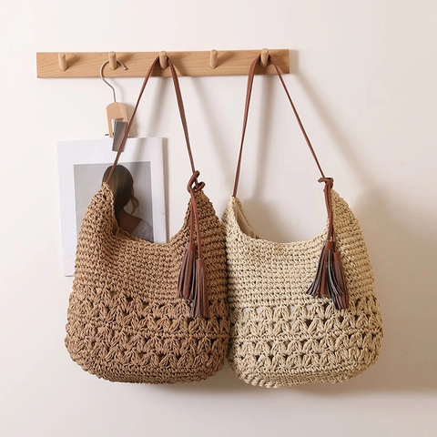 Bolso De Hombro De Paja Tejido Calado Borla Corazón Bohemio Vacaciones Playa Viaje Verano Casual Mujeres
