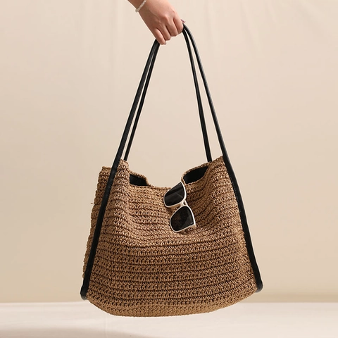 Grande Borsa Tote In Paglia Intrecciata Donna Estate Spiaggia Vacanza Borsa A Spalla Con Chiusura Magnetica E Tracolla In Ecopelle