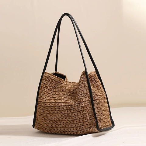 Grande Borsa Tote In Paglia Intrecciata Donna Estate Spiaggia Vacanza Borsa A Spalla Con Chiusura Magnetica E Tracolla In Ecopelle
