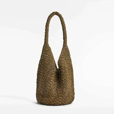Handgefertigte Gewebte Stroh Schultertasche Papier Hohl Eimer Hobo Urlaub Strand Stil Für Frauen