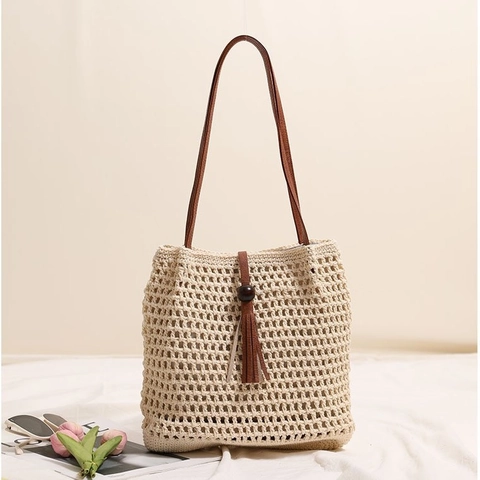 Women Hand-Woven Cotton Thread Tote Bag Hollow Out Beach Vacation Shoulder Bag With Wood Bead Tassel PU Leather Straps