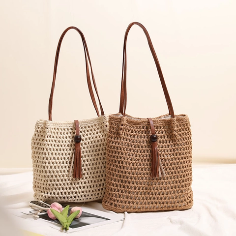 Women Hand-Woven Cotton Thread Tote Bag Hollow Out Beach Vacation Shoulder Bag With Wood Bead Tassel PU Leather Straps