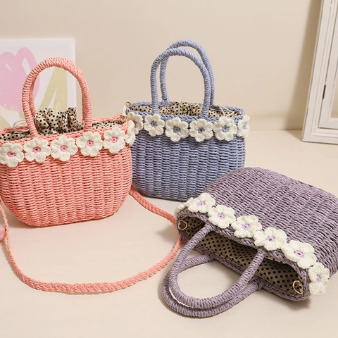 Bolso Bandolera de Paja de Papel Tejido a Mano para Mujer Decoración Flores Ganchillo Bolso Playa Con Forro Lunares Cordón