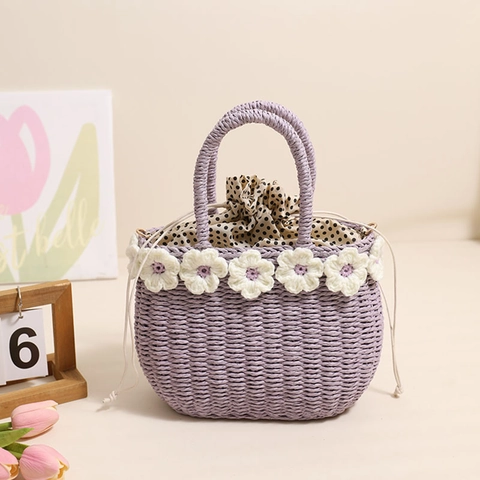 Bolso Bandolera de Paja de Papel Tejido a Mano para Mujer Decoración Flores Ganchillo Bolso Playa Con Forro Lunares Cordón