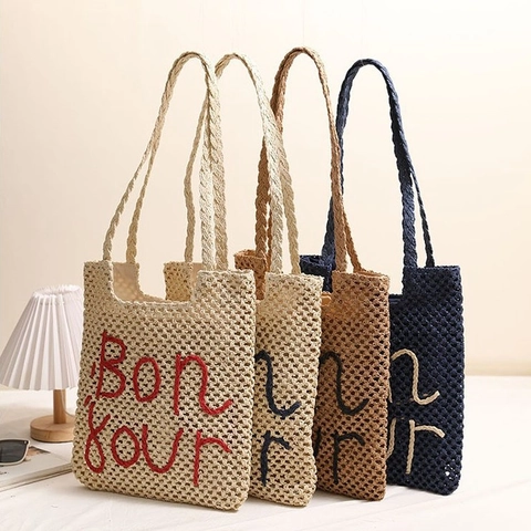 Damen Gewebte Stroh-Einkaufstasche Mit Bonjour-Stickerei Hohl Strandurlaub-Schultertasche