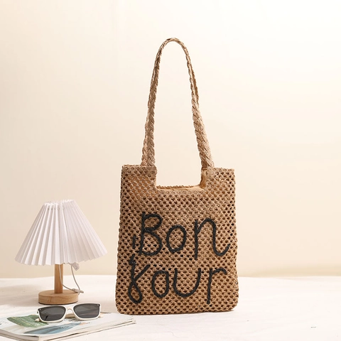 Damen Gewebte Stroh-Einkaufstasche Mit Bonjour-Stickerei Hohl Strandurlaub-Schultertasche