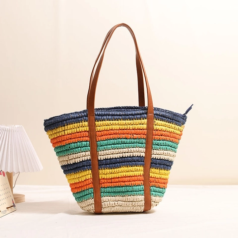 Borsa Tote In Paglia Intrecciata A Righe Colorate Donna Estate Spiaggia Borsa A Spalla Manico In Ecopelle Cerniera Stile Boho