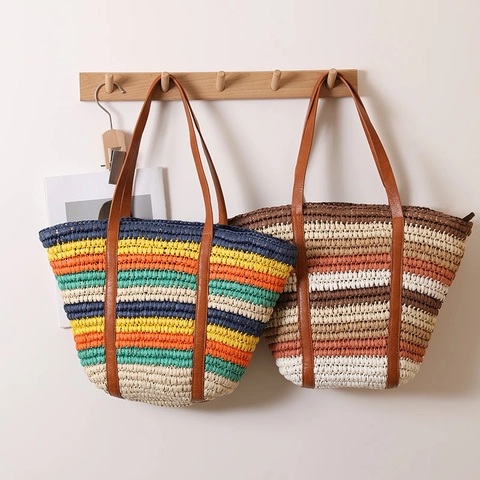 Borsa Tote In Paglia Intrecciata A Righe Colorate Donna Estate Spiaggia Borsa A Spalla Manico In Ecopelle Cerniera Stile Boho
