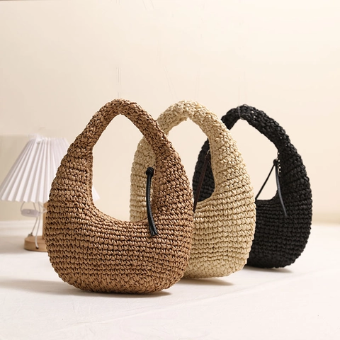 Women Woven Straw Handbag Crescent Half Moon Hobo Bag Summer Beach Vacation Tassel Zipper Closure Paper Fiber Solid