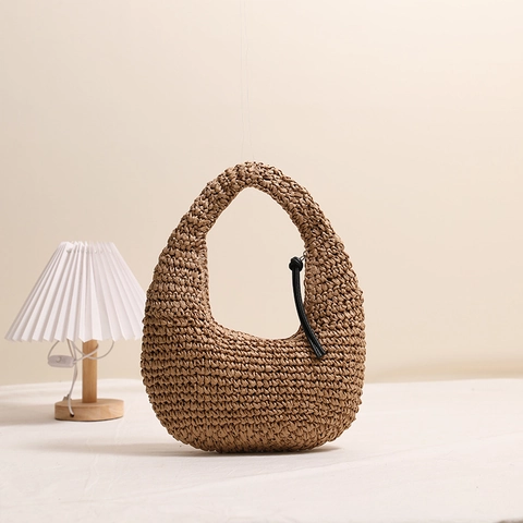 Women Woven Straw Handbag Crescent Half Moon Hobo Bag Summer Beach Vacation Tassel Zipper Closure Paper Fiber Solid