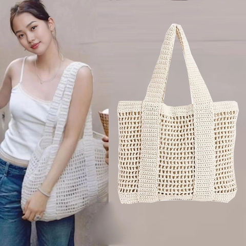 Borsa Tote All'Uncinetto Da Donna Borsa Tessuta In Filo Di Cotone Svuotata Rete Spiaggia Vacanza Estate Casual Grande Capacità