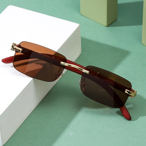 Gafas De Sol Rectangulares Sin Montura Vintage Patillas De Madera Bisagra De Metal Protección UV Hombre Mujer