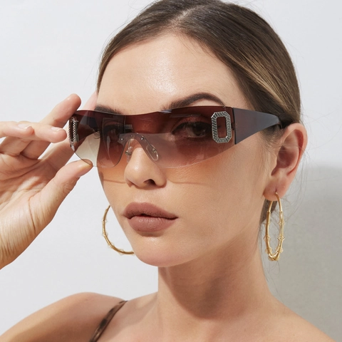 Randloze Oversized Shield Zonnebril Dames Y2K Retro Uit Eén Stuk Kunststof Metaal Strass Decor Mode Goggles