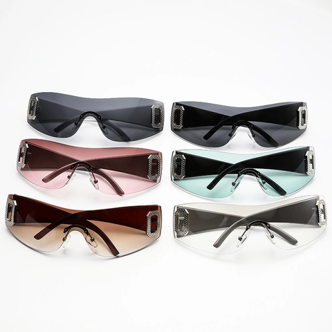 Randloze Oversized Shield Zonnebril Dames Y2K Retro Uit Eén Stuk Kunststof Metaal Strass Decor Mode Goggles