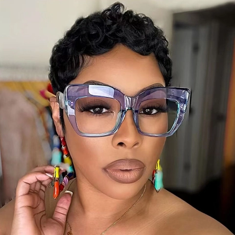 Damen Übergroße Quadratische Cat Eye Brillengestelle Retro Anti Blaulicht AC Linsen Kunststoffrahmen Gold Metall Dekor