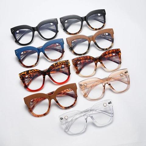 Women Cat Eye Optical Glasses Frame Large Fashion PC Eyeglasses With Metal Rivets And Gold Hollow Ring Decorative Glasses