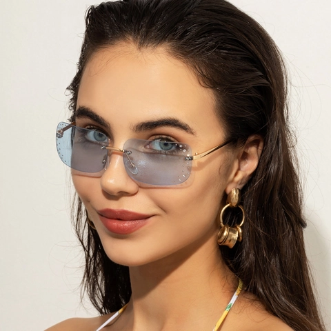 Fashion Rimless Rectangle Sunglasses For Women Men Metal Frame PC Gradient Lens Rhinestone Decor UV400 Y2K Retro Style Eyewear