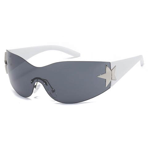 Y2K Integrated Shield Sonnenbrille Star Metal Decor Großer Rahmen Retro Wrap Around Eyewear UV400 Fashion Unisex