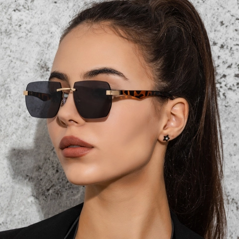 Rimless Square Sunglasses With Metal Bridge And Leopard Print Temples UV400 Protection Gradient Lenses Fashion Eyewear