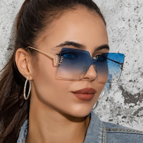 Oversized Square Rimless Sunglasses For Women Gradient Lens Metal Frame UV400 Fashion Eyewear