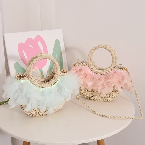 Sac Bandoulière En Paille Tissée Pour Femmes Sac À Main Demi Cercle Décoration De Plumes Style Vacances À La Plage