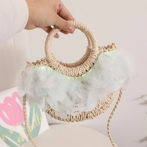 Sac Bandoulière En Paille Tissée Pour Femmes Sac À Main Demi Cercle Décoration De Plumes Style Vacances À La Plage