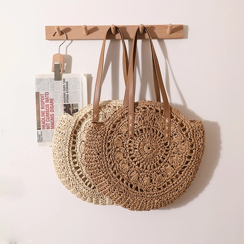 Bolso De Hombro Redondo De Paja Tejida Estilo Francés Calado Bolso De Playa Verano Con Correas De Cuero Para Mujeres