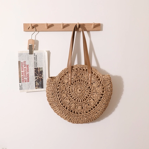 Bolso De Hombro Redondo De Paja Tejida Estilo Francés Calado Bolso De Playa Verano Con Correas De Cuero Para Mujeres