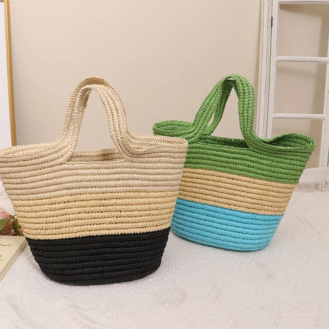 Bolso De Mano De Paja Tejido Patchwork Bloque De Color Gran Capacidad Bolso Tote Playa Vacaciones Casual Simple Mujeres Ligero