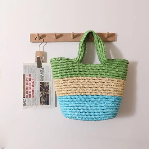 Bolso De Mano De Paja Tejido Patchwork Bloque De Color Gran Capacidad Bolso Tote Playa Vacaciones Casual Simple Mujeres Ligero
