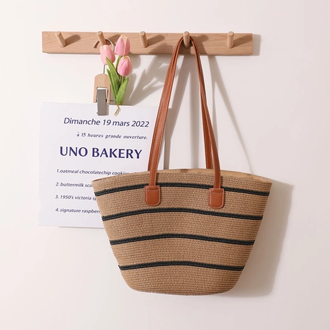 Dames Gestreept Stro Geweven Tote Bag Grote Capaciteit Zomer Strand Schoudertas Casual Stro Handtas Met Kunstlederen Handvatten