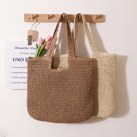 Gewebte Papierstroh Tragetasche Handgemachte Gehäkelte Große Kapazität Strand Schulterhandtasche Minimalistisch