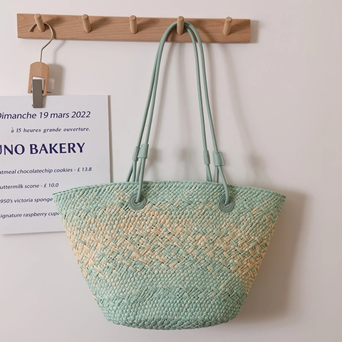Borsa Tote In Paglia Intrecciata Grande Capacità Realizzata A Mano In Corda Di Carta Stile Vacanza Estiva Con Manici In Pelle