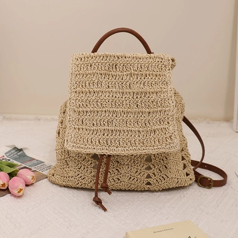 Sac À Dos En Paille Tissé Crochet Ajouré Plage Été Avec Bretelles En Cuir Fermeture À Cordon Style Bohème