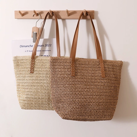 Sommer Große Kapazität Stroh Gewebte Tragetasche Damen Lässige Strand Urlaub Schultertasche Mit PU Ledergriff Reißverschluss