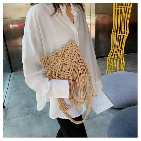 Handmade Macrame Crossbody Bag Cotton Rope Woven Tassel Hollow Out Boho Vacation Small Shoulder Bag For Women