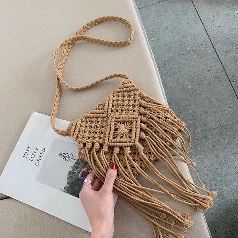Handgefertigte Macrame Umhängetasche Baumwollseil Gewebte Quaste Boho Urlaub Kleine Schultertasche Für Damen