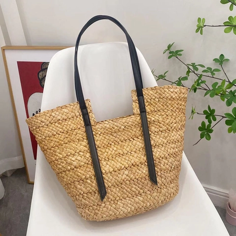 Borsa Tote In Paglia Intrecciata Grande Capacità Fatta A Mano In Bucce Di Mais Tracolla In Pelle Vacanza Al Mare Bohemienne