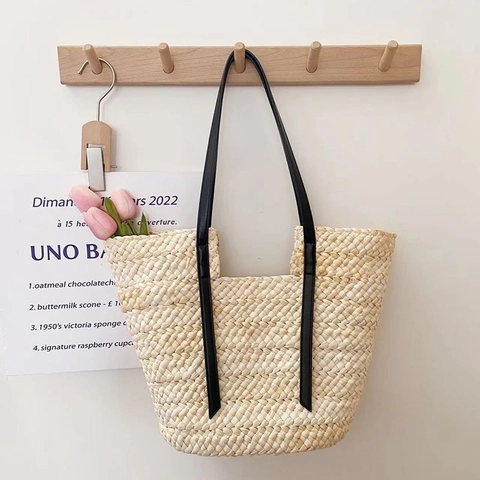 Borsa Tote In Paglia Intrecciata Grande Capacità Fatta A Mano In Bucce Di Mais Tracolla In Pelle Vacanza Al Mare Bohemienne