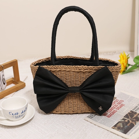 Damen Stroh Handtasche Große Schwarze Schleife Papierseil Tote Sommer Strand Urlaubstasche Kordelzug Innenfutter Elegante Einfache