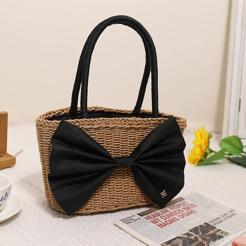 Damen Stroh Handtasche Große Schwarze Schleife Papierseil Tote Sommer Strand Urlaubstasche Kordelzug Innenfutter Elegante Einfache