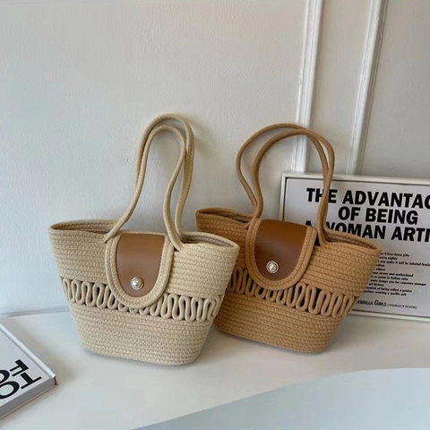 Vrouwen Handgeweven Katoenen Touw Schoudertas Met PU Leren Flap Parelknoop Hol Golfpatroon Strand Vakantie Tote Tas